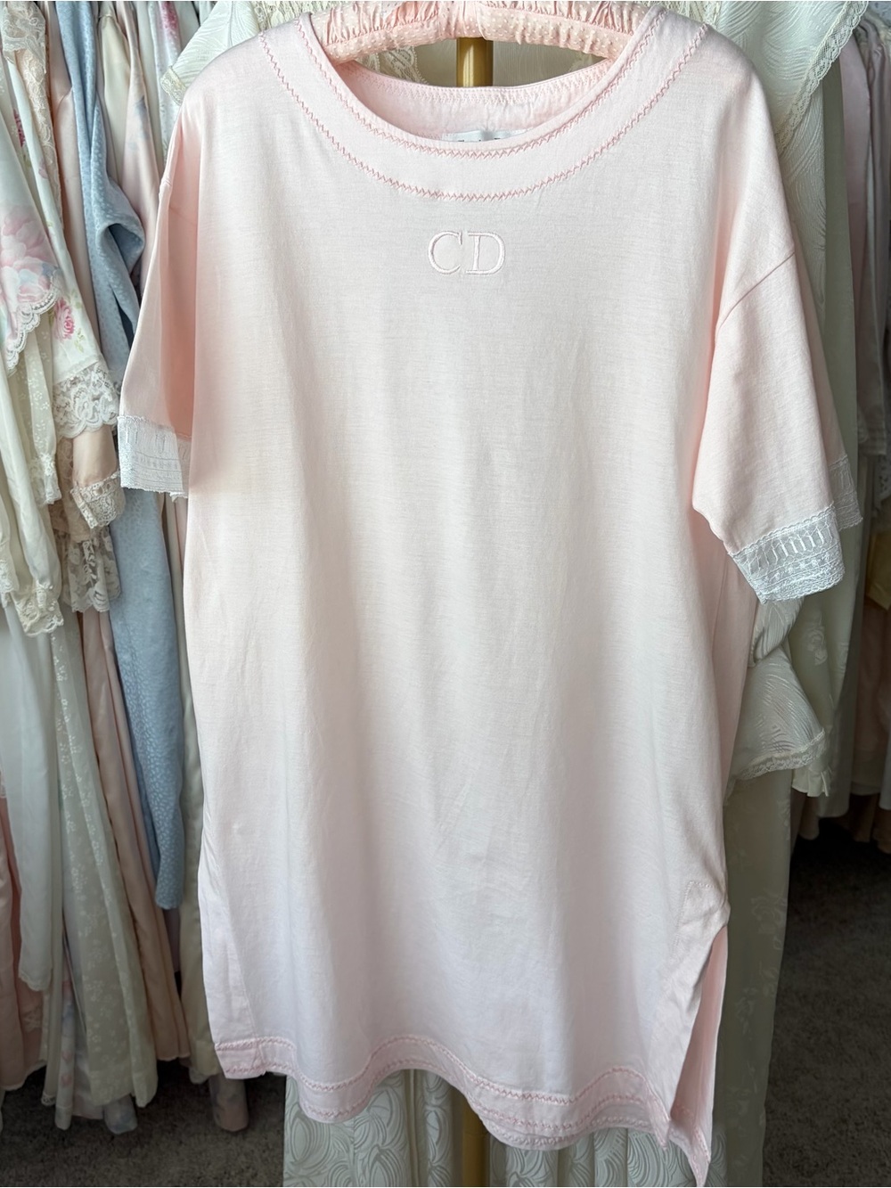 vintage christian dior baby pink cotton shirt coquette embroidered cd